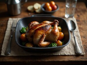 Assado de Frango Caipira com Ervas e Batatas Rústicas