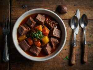 Carne de panela suculenta com legumes frescos para encontros familiares