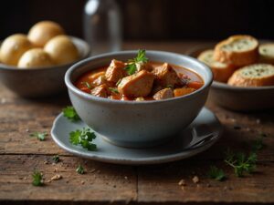 Galinha caipira guizada com legumes frescos e temperos especiais