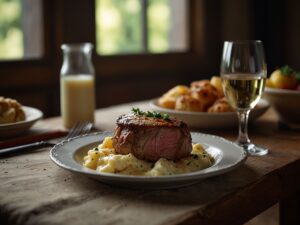 Carne de Lambri com Purê de Batata e Molho de Queijo