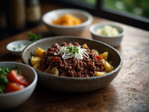 Carne Moída Acebolada com Arroz e Salada Fresh