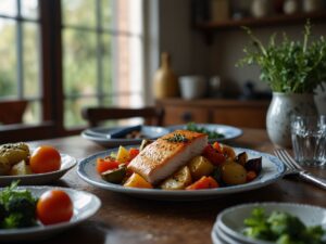 Peixe Assado com Legumes ao Forno e Azeite